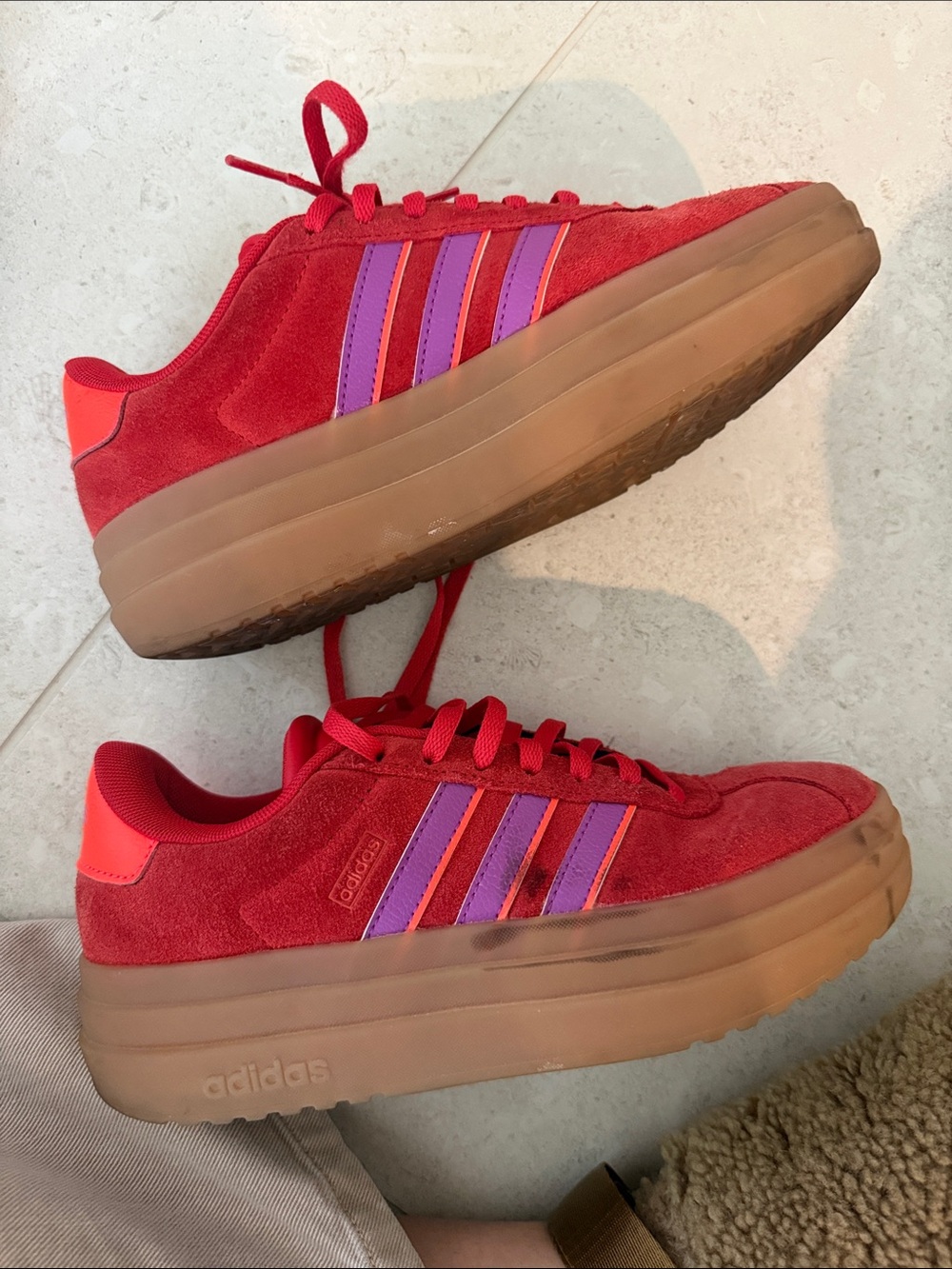 adidas Red Suede Sneakers with Purple Stripe Accentst